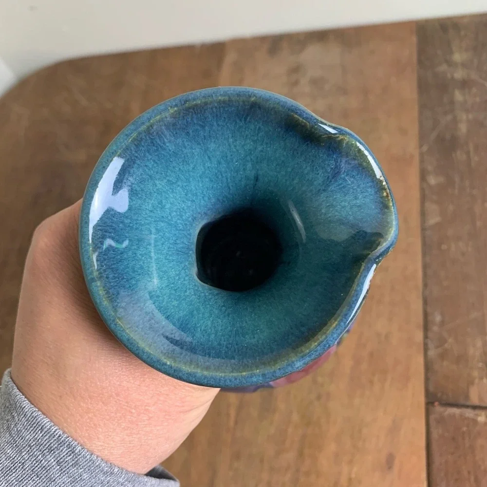 Vintage‎ Handmade Ceramic Green Lavender Blue Floral Glaze Vase SIGNED
